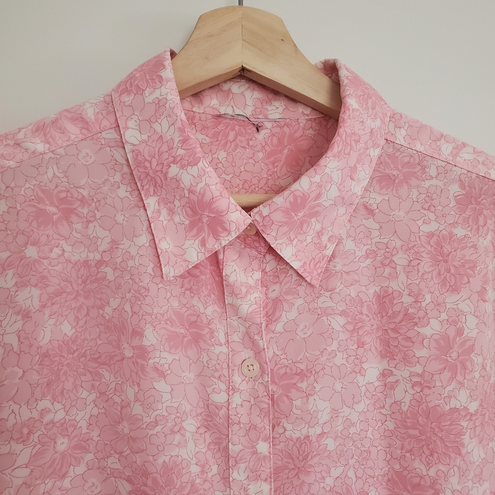 Vintage Polyester Shirt Women's L Pink Floral All Over Print - Picture 2 of 12